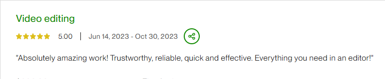 5-star Upwork review: Absolutely amazing work, trustworthy, reliable, quick and effective, everything you need in an editor.